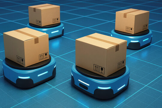 Automated robots transporting cardboard boxes in a warehouse logistics delivery