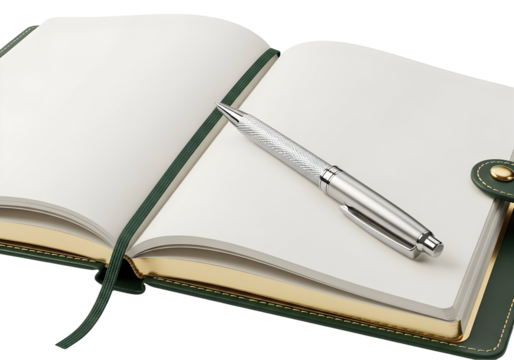 Elegant silver pen resting on open blank notebook with green ribbon and gold gilded page edges, ready for creative ideas and professional note taking