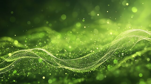 Abstract Green Wave of Sparkling Particles with Bokeh Lights Background Festive