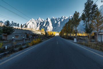 The autumn scenery with Tupopdan, Passu Cathedral or Passu Cones, is a mountain in northern Pakistan