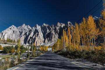 The autumn scenery with Tupopdan, Passu Cathedral or Passu Cones, is a mountain in northern Pakistan