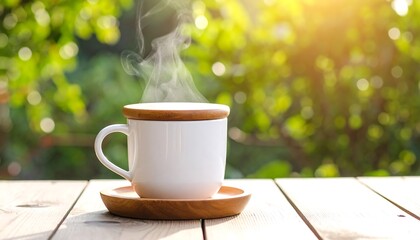 Warm cup of steaming drink on a wooden table, surrounded by lush greenery