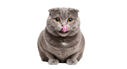 Gray Scottish cat licks its nose, showcasing playful personality in a cute, full-length portrait against a white background