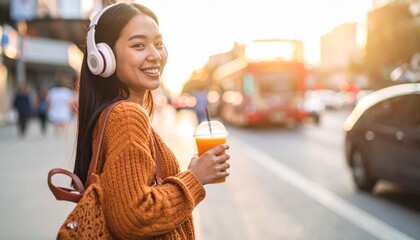 Smiling young woman enjoying a beverage while walking outdoors in a city.