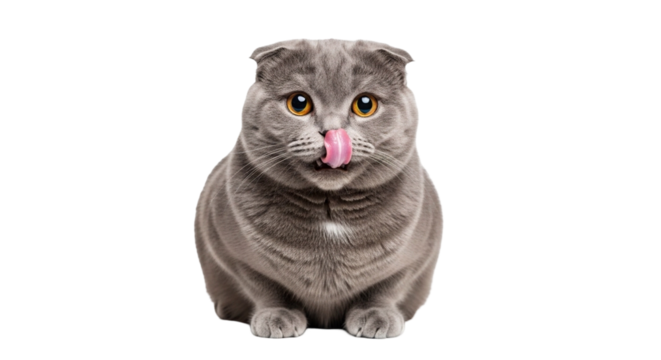 Gray Scottish cat licks its nose, showcasing playful personality in a cute, full-length portrait against a white background