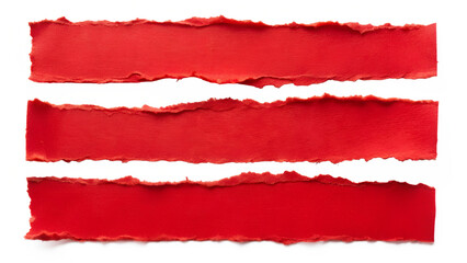 Three strips of torn red paper displaying a bold texture on a transparent background