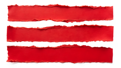 Three strips of torn red paper displaying a bold texture on a transparent background