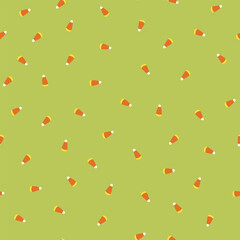 Traditional Autumn Candy Corn Tossed in a Non Directional Pattern on a Halloween Lime Green Background creating a seamless pattern print