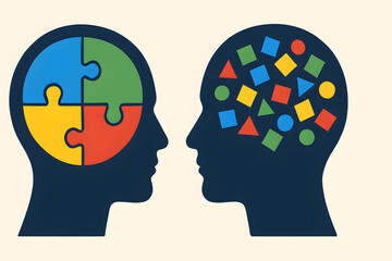 Two human heads with brain puzzle and colorful geometric shapes, concept of autism neurodiversity psychology mental health awareness, cognitive thinking differences, mind spectrum, learning behavior