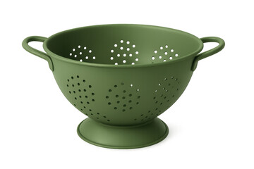 Modern green colander standing on a transparent background, perfect for draining pasta or washing vegetables