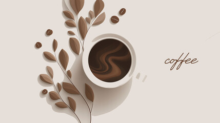 Obraz premium Coffee cup surrounded by stylized leaves and coffee beans, showcasing a minimalist design with earthy tones and a calming aesthetic for modern decor and branding purposes