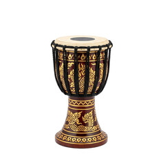 Small Decorative Lanna Drum isolated on white background: A miniature or decorative version of a traditional Northern Thai drum.