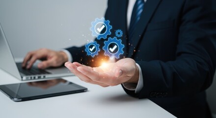 Businessman's Open Palm with Floating Blue Gears and Tick Marks, Laptop and Tablet