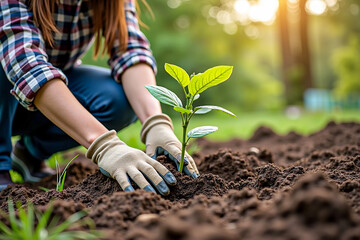 Young woman's hands planting a tomato seedling in garden soil