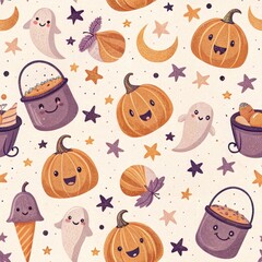 Playful seamless Halloween design featuring smiling pumpkins, friendly ghosts, candy buckets, stars, moons, and ice cream treats.