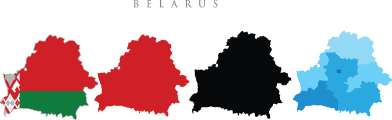 Fototapeta premium Set of isolated Belarus maps. Belarus map in official colours ,proportions and silhouette. Maps and traveling around the world. 