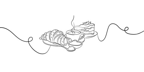 Croissant and coffee drawn in one line style. Breakfast theme with lineart sauce and coffee for logo and posters, simple sketch design. Vector illustration isolated on white background	