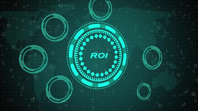 A Return on Investment button on a clear projection ,Business, Technology and network concept. Animated Dynamic wave of color particles. 3d animation and grid maps background.