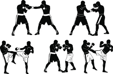 Martial arts silhouettes showing boxing, kickboxing, fighting techniques, stances, punches, and kicks, perfect for combat sport, fitness, training designs