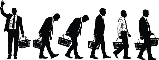 Silhouette of businessman in evolution from success to fatigue, corporate life cycle, work stress, office career path, vector illustration