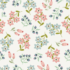 Elegant whimsical floral pattern, hand drawn vector floral digital paper. Cottagecore fantasy flowers print