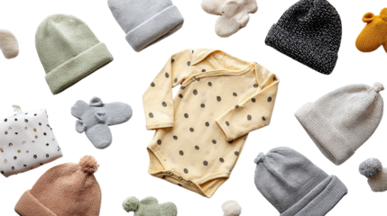 Baby Clothing and Accessories: A flat lay of baby clothing like onesies, hats, and mittens, isolated on a Transparent background, PNG file.