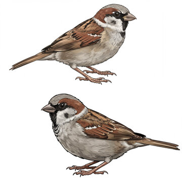 Detailed illustration of two male sparrows perched gracefully, showcasing natural beauty and avian life