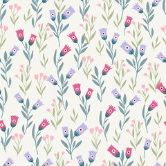 Whimsical garden floral seamless pattern, digital kids and fabric repeating background, printable scrapbook 
paper. Vector fantasy hand drawn digital paper.
