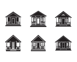 Collection of six different house facade silhouettes showcasing varied architectural styles and porch designs in minimalist black and white