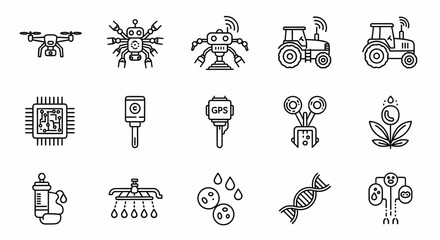 Agriculture Technology Line Icon Set – Drone, Robot, Smart Tractor, Sensor, Irrigation, Biotech Thin Linear Vector Illustration

