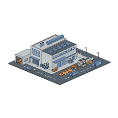 Obraz premium Modern industrial factory complex with trucks and loading docks, showcasing manufacturing and logistics operations.