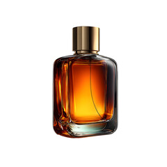 Luxurious amber colored perfume in a clear glass bottle with a golden cap isolated on transparent background