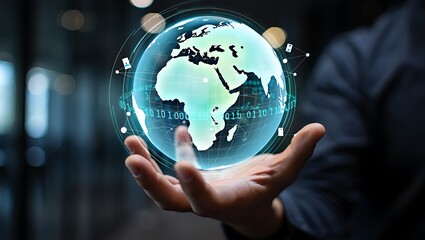 Futuristic digital globe held in hand symbolizing global technology and connectivity