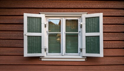 Fototapeta premium window with closed wooden shutters old scandinavian white window with green shutters on brown wall ojebyn sweden