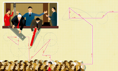 Business people using complex mathematics to choose man in crowd