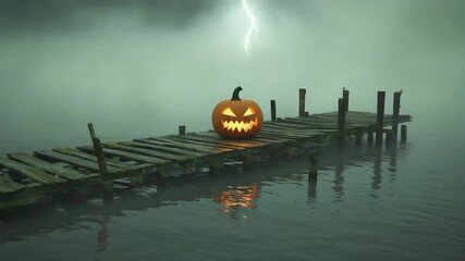 Eerie Jack O'Lantern glows mysteriously on old wooden dock in foggy stillness for Halloween celebration scenes, spooky scenes and autumn holiday promotions - Powered by Adobe