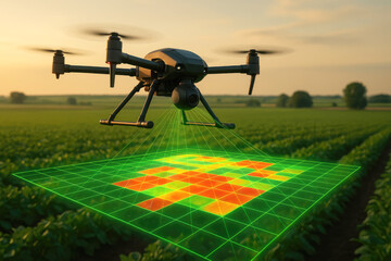 Drone surveying agricultural field with heat map overlay agriculture technology