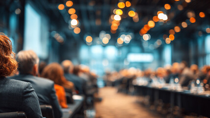 Business meeting negotiation policy discussion in modern conference room with blurred audience and warm lighting