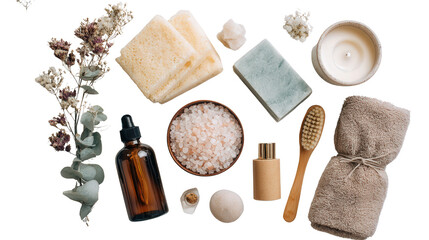 Beauty Products with Spa Essentials: A flat lay of beauty products and spa essentials like candles and bath salts, isolated on a Transparent background, PNG file.
