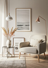 Cozy scandinavian living room corner with armchair and artwork