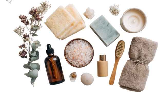 Beauty Products with Spa Essentials: A flat lay of beauty products and spa essentials like candles and bath salts, isolated on a Transparent background, PNG file.