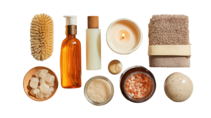 Beauty Products with Spa Essentials: A flat lay of beauty products and spa essentials like lotions, candles, and bath salts, isolated on a Transparent background, PNG file.