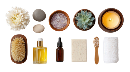 Beauty Products with Spa Essentials: A flat lay of beauty products and spa essentials like lotions, candles, and bath salts, isolated on a Transparent background, PNG file.