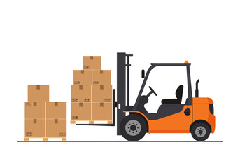 Orange Forklift Truck Loading Cardboard Boxes on Pallet.