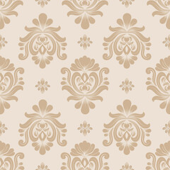 Damask seamless pattern with beige flowers, vintage style, vector illustration elegant for textile, wall paper, bedding, curtains, cushion cover, rug, upholstery fabric, scarf, Baroque, luxury design