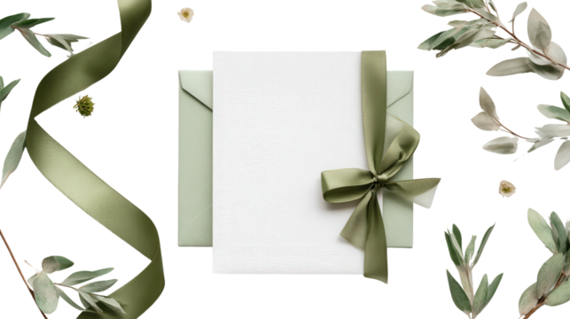 Blank Greeting Card with Ribbon: A flat lay of a blank greeting card with a ribbon, perfect for gifting, isolated on a Transparent background, PNG file.