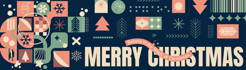 Merry Christmas Vibrant Abstract Geometric Pattern with Modern Typography Colorful Festive Ornaments and Snowflakes Holiday Greeting Background Design