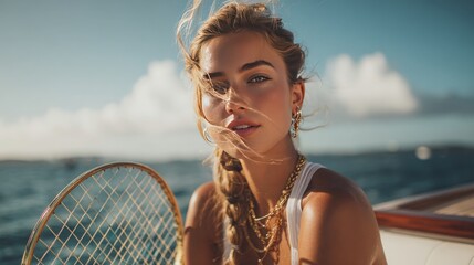 glamorous 20-year-old ki model relaxing on a yacht after a game, wearing luxury sportswear, holding tennis racket next to her, ocean in background, wind in hair, luxury lifestyle mood