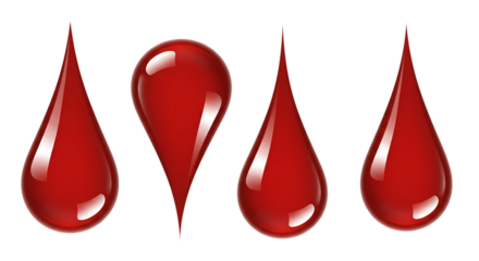 Four red blood drops isolated on transparent background are displayed