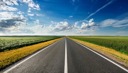 Fototapeta premium a straight asphalt road passing through agricultural fields under a blue sky with white fluffy clouds stretching into the distance